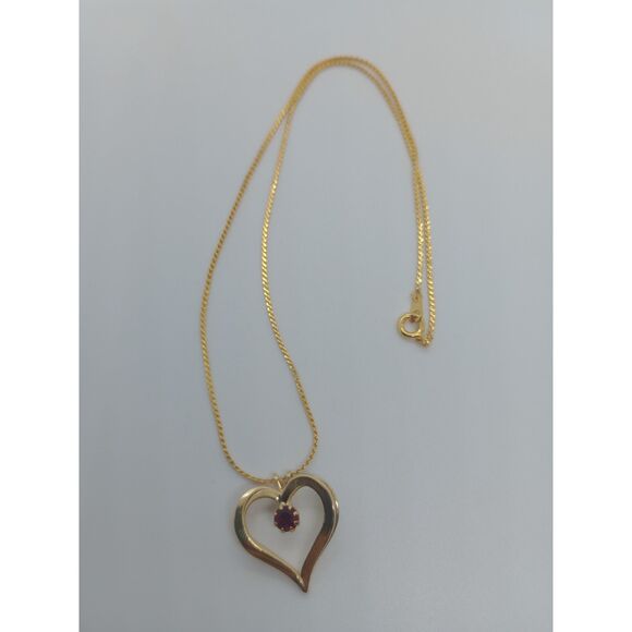 Vintage Prong Set Red Rhinestone Gold Tone Heart 16" Pendant Necklace - Picture 2 of 6